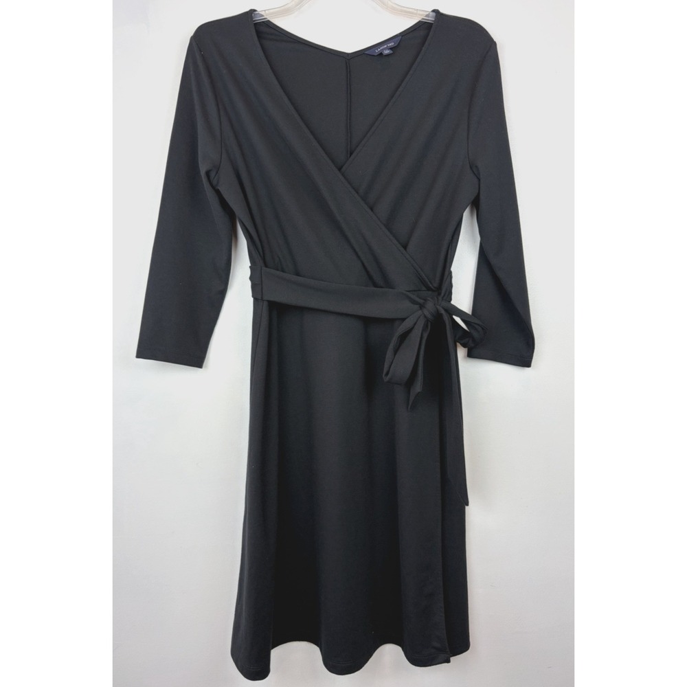 Lands End Faux Wrap Dress Womens Medium 3/4 Sleeve Black Casual Belt Office